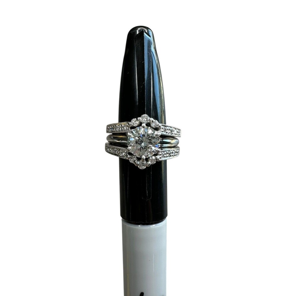 1.03CT Round Diamond Engagement Ring Set | G VS2 | Platinum 3-Piece Bridal Set - Picture 6 of 16